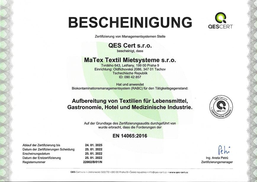 QES Cert s.r.o. - Zertifikat nach DIN EN ISO 14065 : 2016